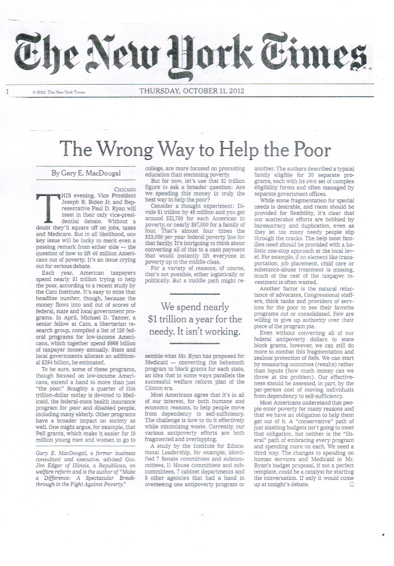 Gary MacDougal > Articles > Public Policy/Welfare Reform > The Wrong ...